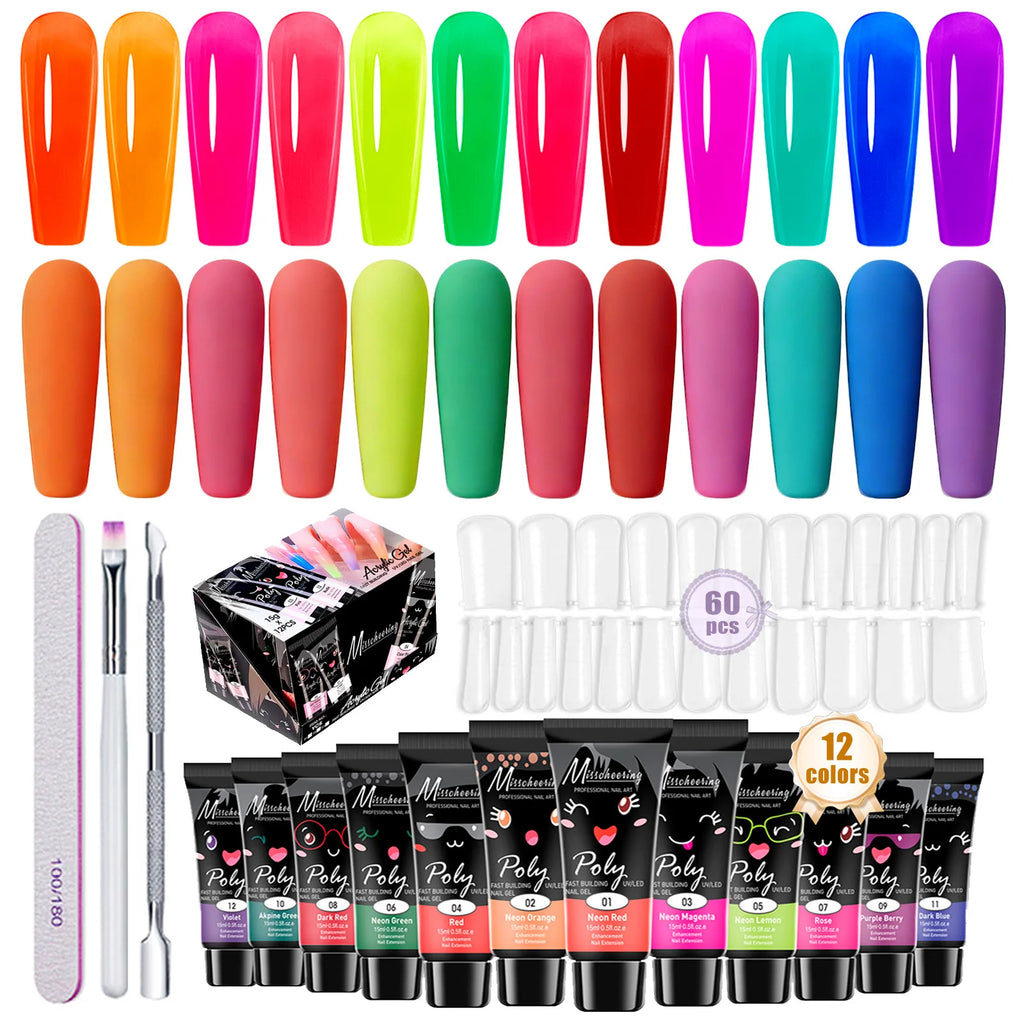 Poly Gel Nail Colors: 12 Colors Nail Extension Gel Kit Bright Rainbow Pink Purple Blue Color Collection Poly Gel Nail Kit