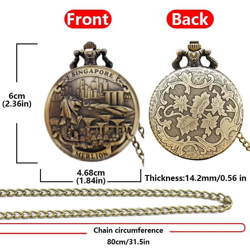 Retro Charm Neutral Fashion Merlion Scenic Spot Carving Quartz Pocket Watch Steampunk Men's and Women's Necklace Pendant Gift