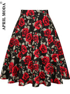 Women's Runway Cotton Retro Vintage Skirt Black Faldas High Waist A Line Rockabilly Jupe 50s Swing Umbrella Skirts Pin Up Skater