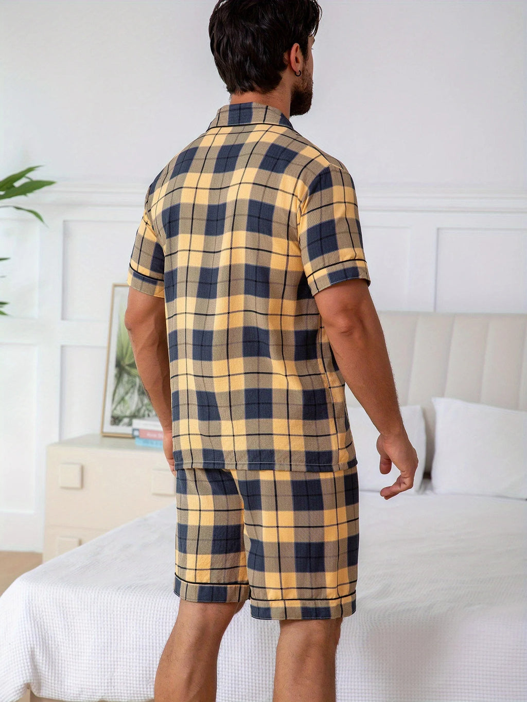Men's Short-sleeved Pajamas Set - 2 Piece Set Plaid Casual Summer Loungewear with Pocket V-neck Light and Thin Men's Pajamas Pjs