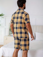 Men's Short-sleeved Pajamas Set - 2 Piece Set Plaid Casual Summer Loungewear with Pocket V-neck Light and Thin Men's Pajamas Pjs