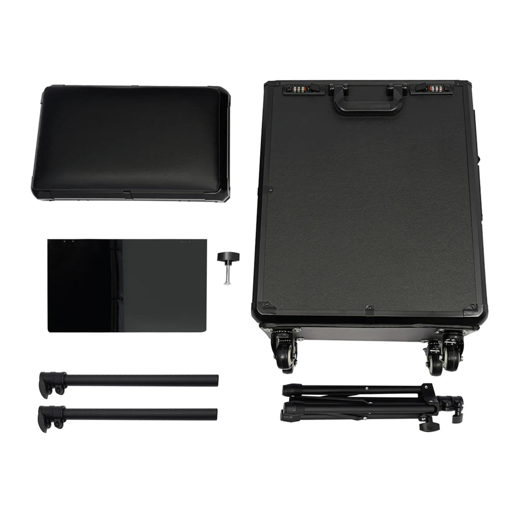Rolling Makeup Train Case w/Tattoo Armrest Stand,Beauty Trolley Case with 3 Drawers, 4 Universal Wheels, and Combination Lock