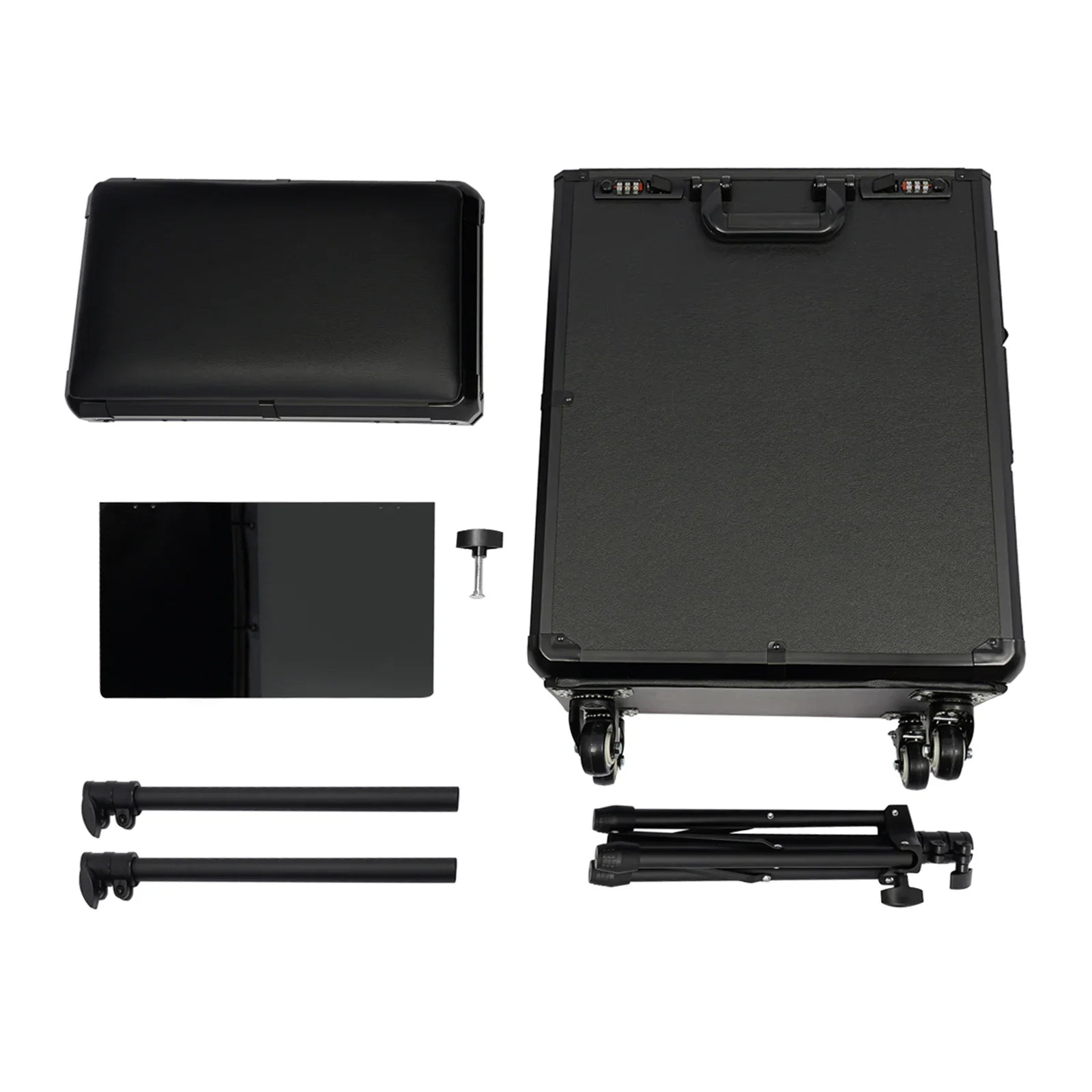 Rolling Makeup Train Case w/Tattoo Armrest Stand,Beauty Trolley Case with 3 Drawers, 4 Universal Wheels, and Combination Lock