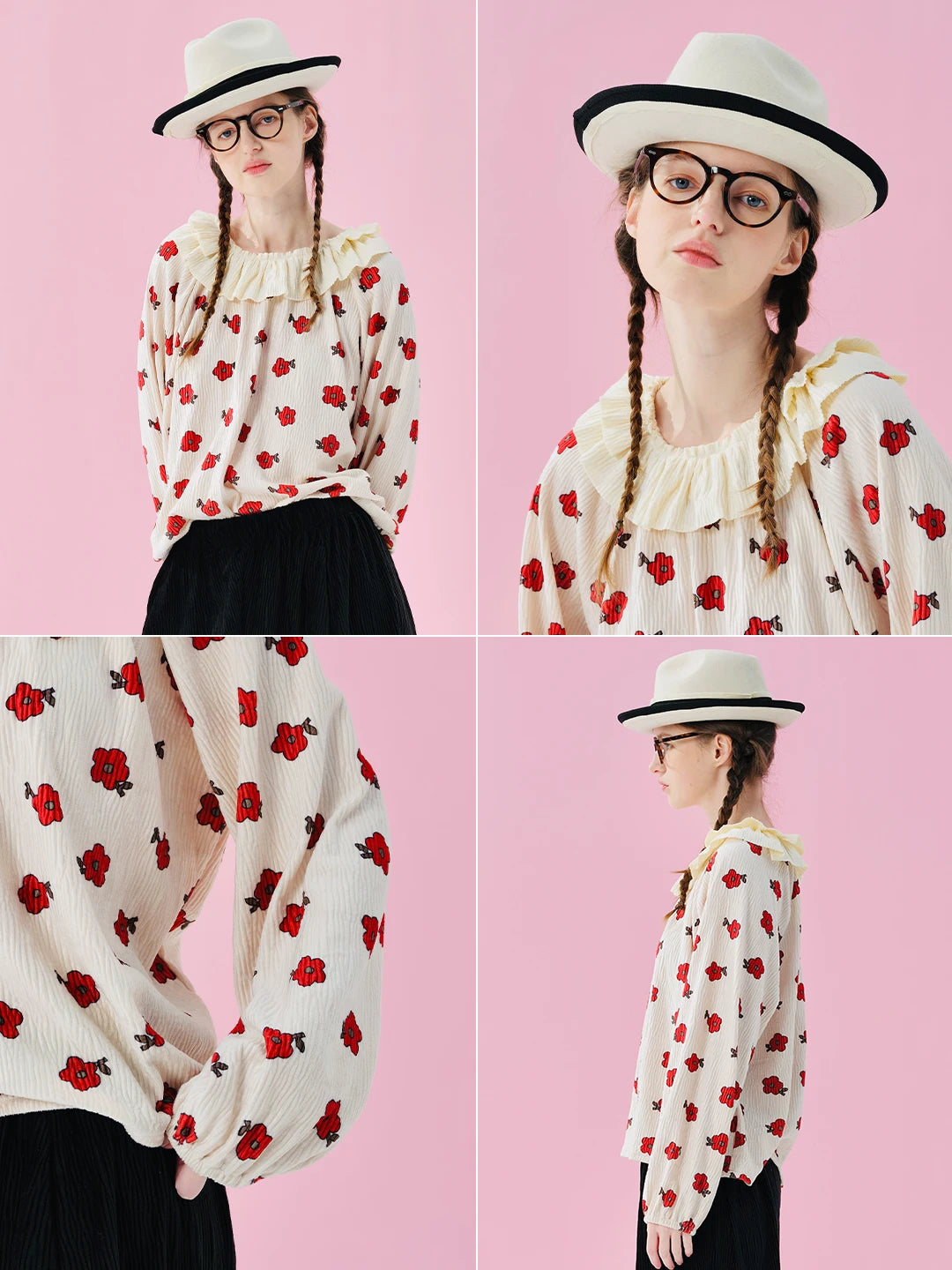 IMAKOKONI Original Design Collar Floral Long Sleeve Hoodie T-shirt for Summer Women 244968