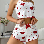 5 Size Choose S M L XL 2XL Women's Pajamas Set Straps Sleepwear Vest + Shorts Red Heart Print Nightwear Sexy Lingerie