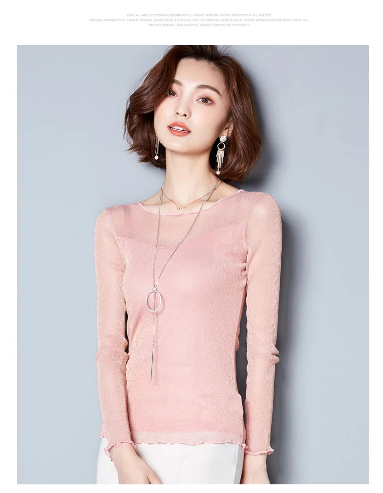 Glitter Mesh Blouse Sexy Womens Shirts Long Sleeve Tops Korean Black Pink O-Neck Elegant Slim Blouse Camisas Femininas