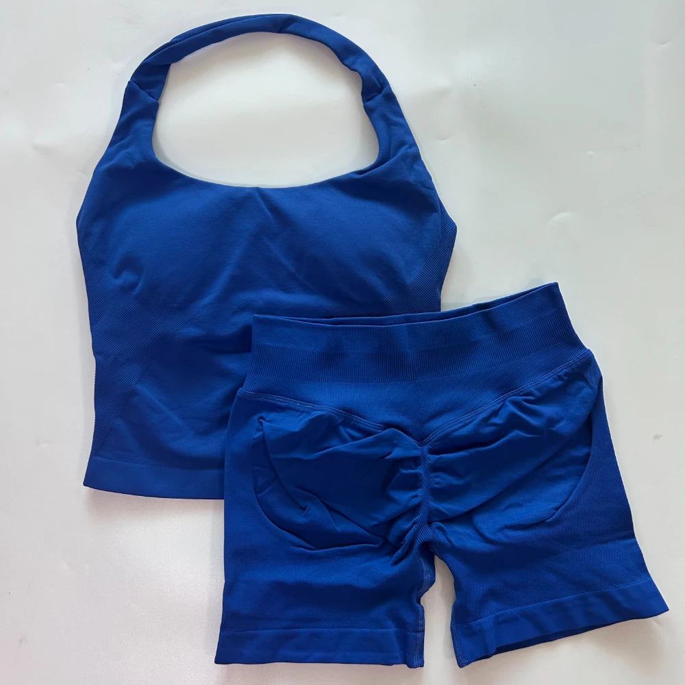 No Logo 2 Pieces Sports Set Women Backless Tank Tops High Waist Scrunch Seamless Shorts Gym Set Sportswear Workout Set Yoga