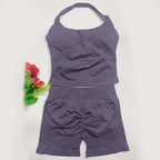 yoga outfits Women 2 pcs Sports DFNNYE Impact Set halterneck Backless Halter Top Seamless Scrunch Shorts Gym Workout Sports Suit