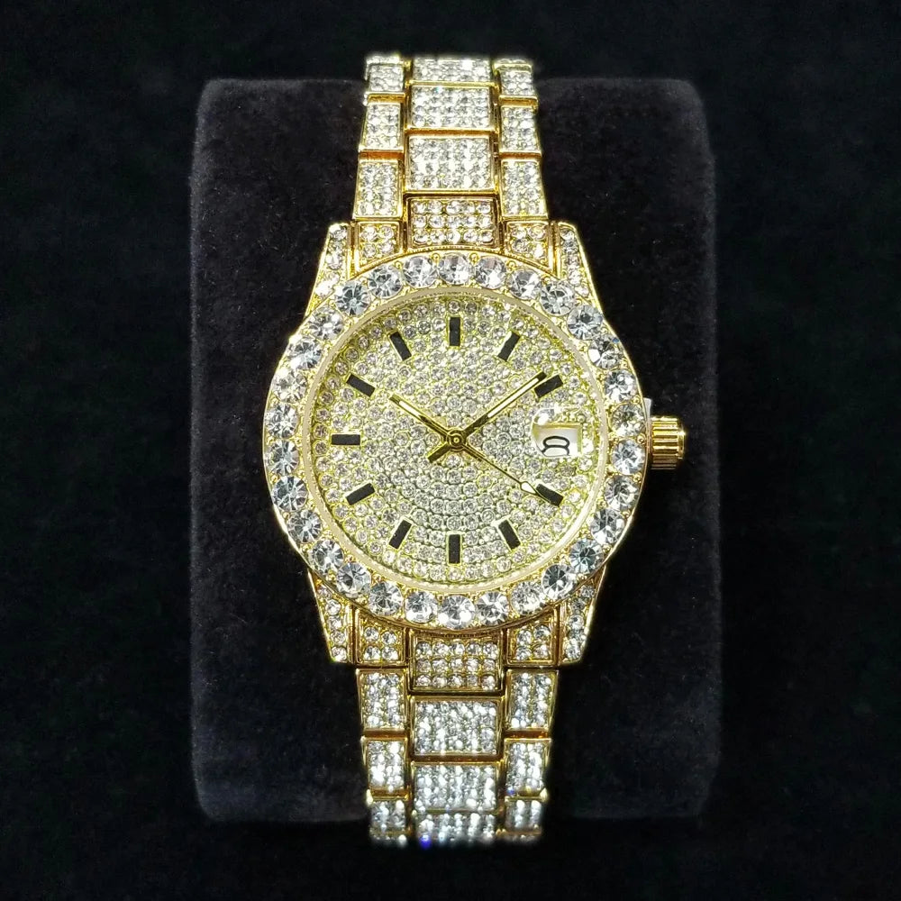 Elegant Diamond Watches Female Fashion Silver Round Stainless Steel Quartz Watch Iced Out Shiny Waterproof Clock Gift for Women