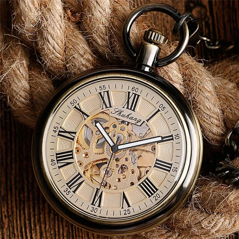 Retro Bronze Men Women Automatic Mechanical Pocket Watch Luminous Hands Roman Numeral Pendant Chain Relogio de bolso Gift Image principale du produit
