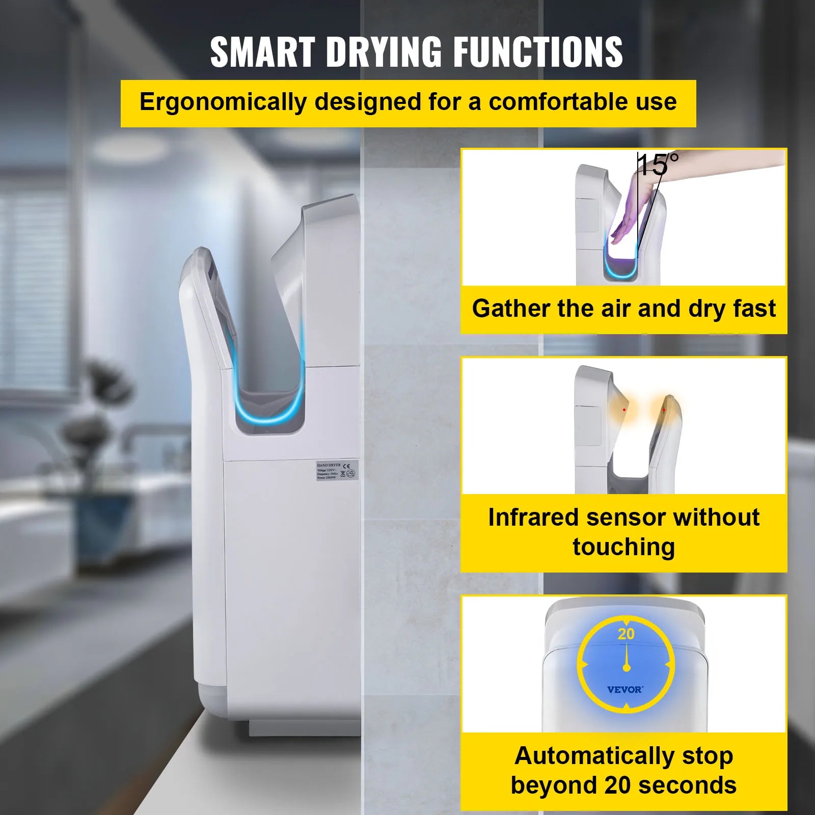 SucceBuy Hand Dryer Machinery Automatic High-speed Jet Double-sided Secure Robust Material Blade for Washroom Multicolor