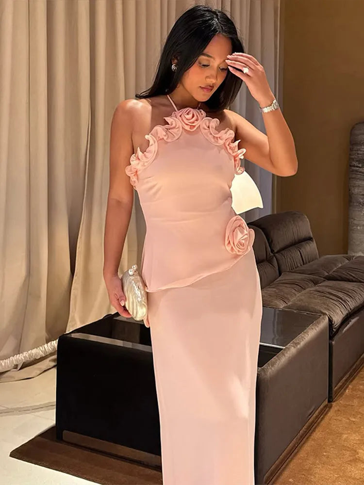 3D Prited Ruffle Women's Maxi Dress Halter Neck Trim Sleeveless Formal Evening Dresses 2026 Summer Wedding Guest Woman Vestidos Secondary image