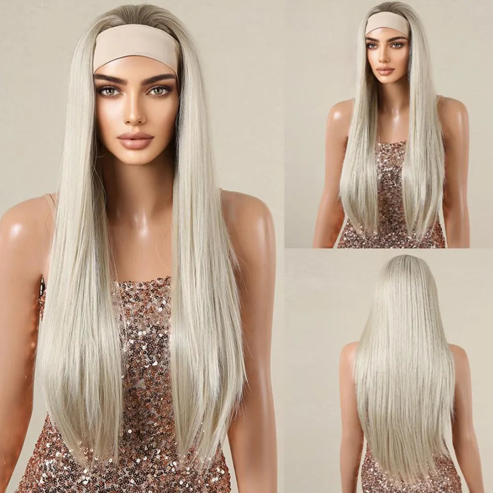 ALAN EATON Long Blonde Synthetic Headband Wig Ombre Blonde Straight Hair Wigs Natural Looking Heat Resistant Fiber for Daily Use
