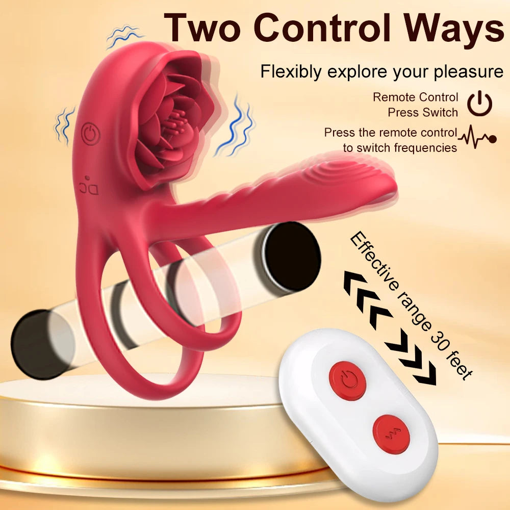 Rose Penis Ring Vibrator Female G-spot Clitoral Stimulation Male Ejaculation Delay Silicone CockRing Adult Sex Toy for Couples