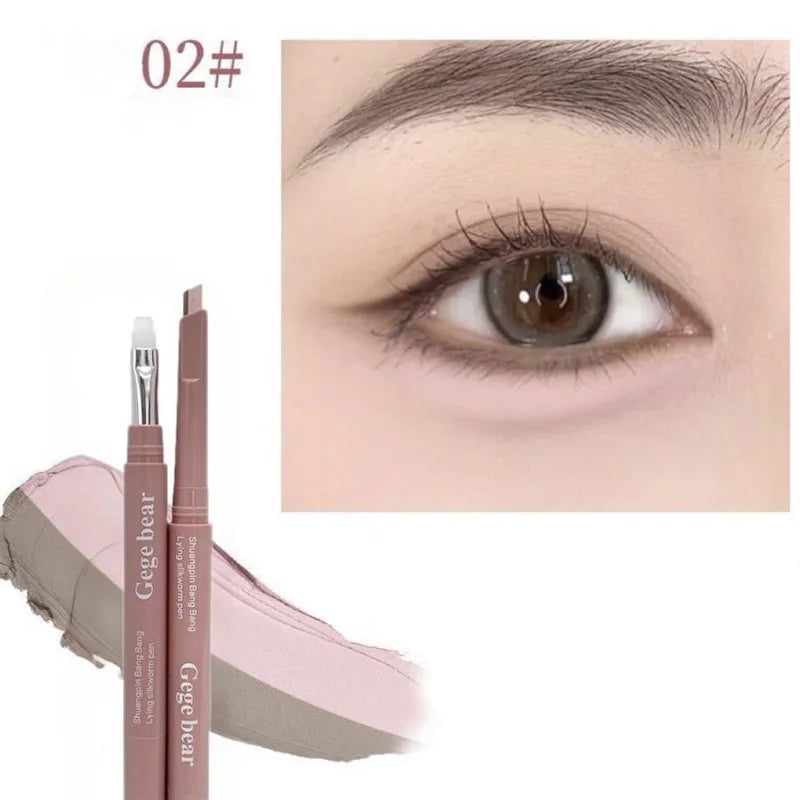 Double Ended Lying Silkworm Pencil 2 in1 Highlighter Nude Lower Eyelid Contour Aegyo-sal Eyeliner Makeup Stick with Detail Brush