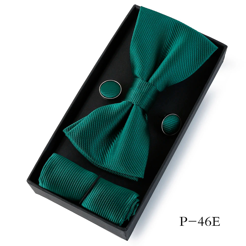 HUISHI Classic Black Bowtie Bow Ties For Mens Butterfly Bowknot Pocket Square Cufflinks Suit Set Bussiness Accessories Gift Box