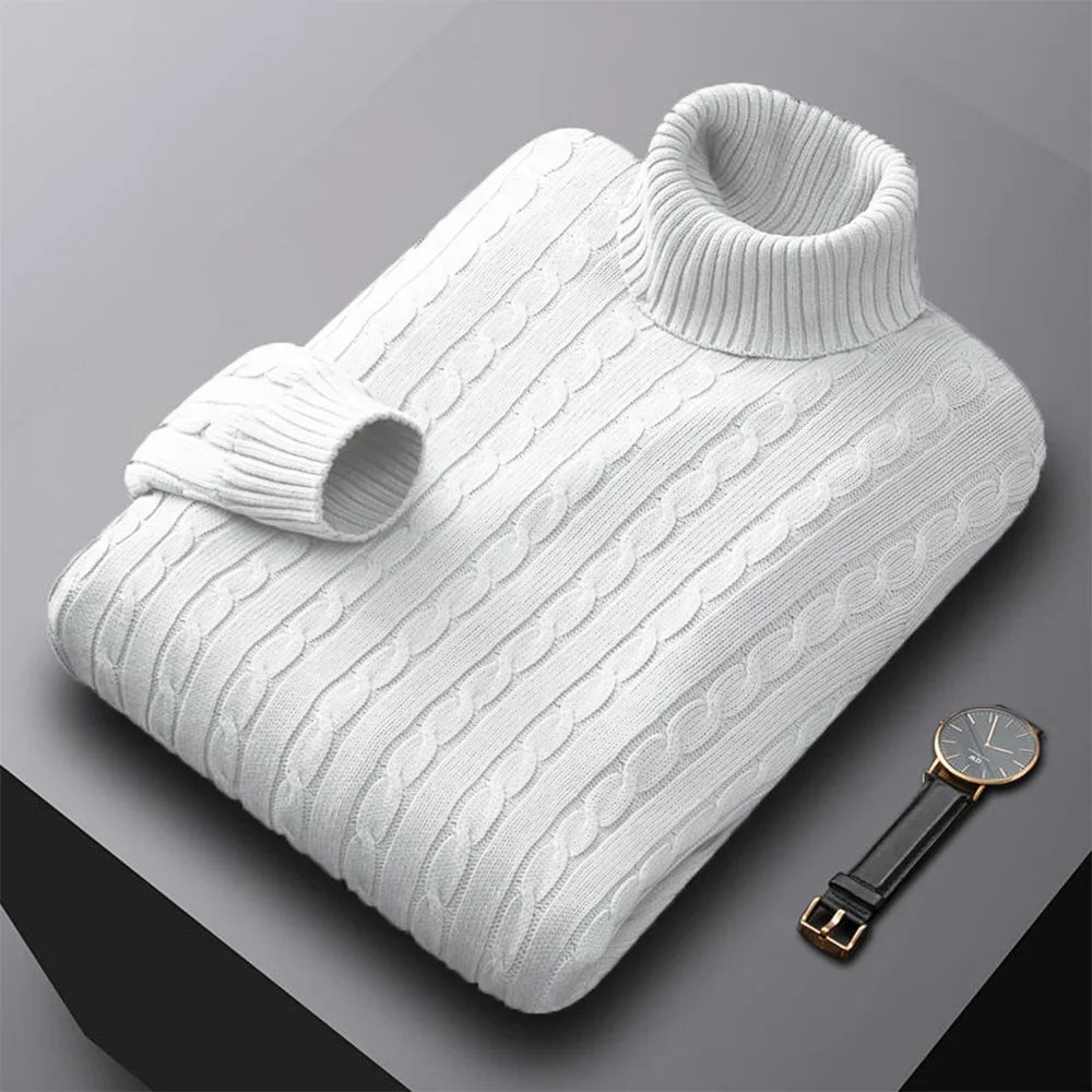 Autumn New Men's Turtleneck Jacquard Sweater Solid Color Knitted Pullover Casual Warmth High Elastic Versatile Male Sweatwear