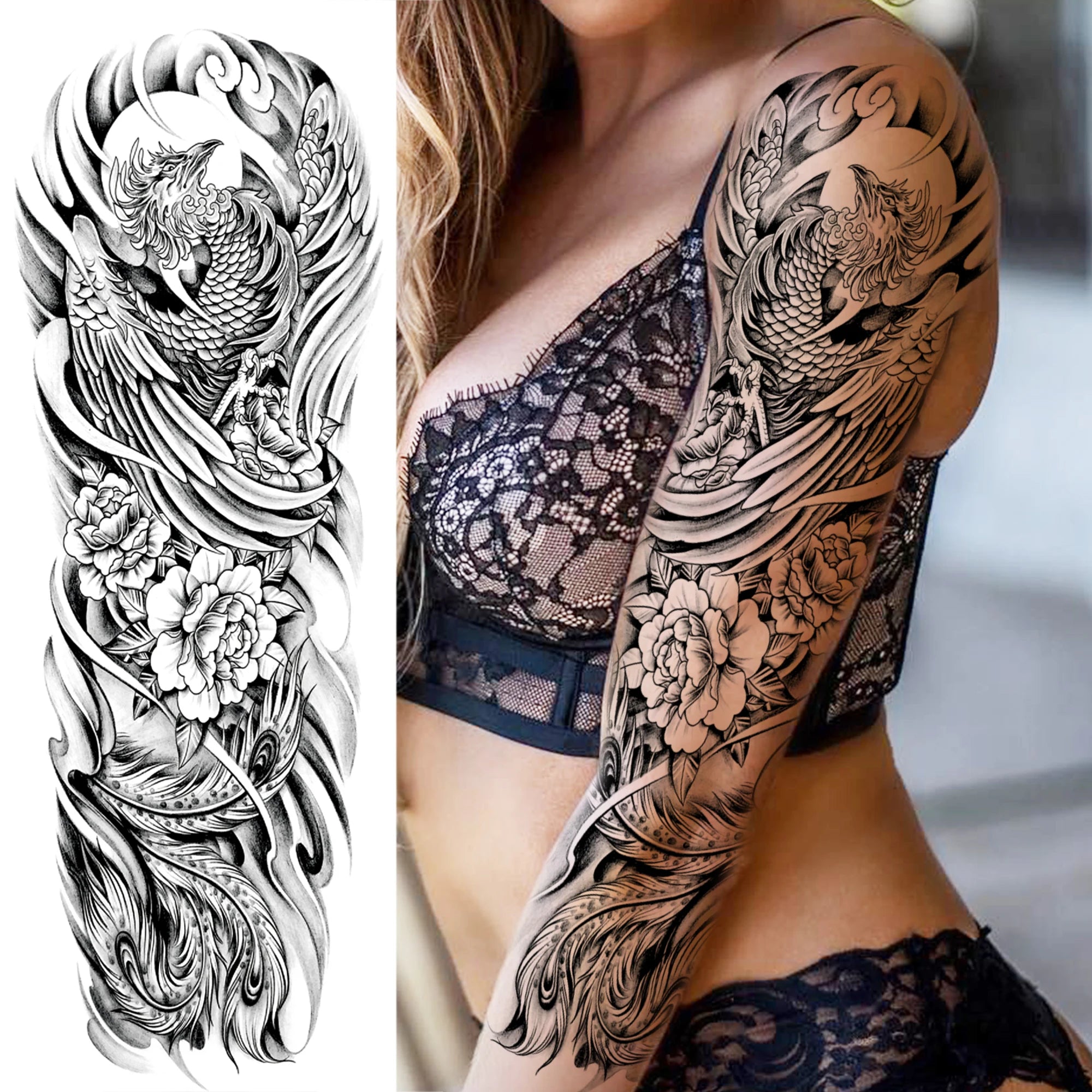 1 Sheet Full Arm Compass Zeus Skull Tiger Lion Flower Temporary Tattoos Sleeve For Men Women Adults Fake Temp Sticker Tattoo