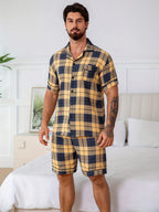 Men's Short-sleeved Pajamas Set - 2 Piece Set Plaid Casual Summer Loungewear with Pocket V-neck Light and Thin Men's Pajamas Pjs