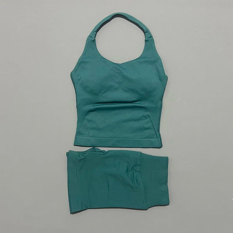 2pcs Sports Set Women Backless Tank Tops High Waist Scrunch Seamless Shorts Fitness Clothes Activewear Workout Sets Gym Suit