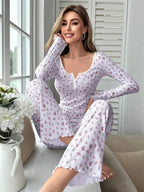 Women's Pajama Set Lace Buttons Trims Sleepwear Slim Long-sleeved Trousers Floral Print Stylish sexy Loungewear Nightwear Pyjama