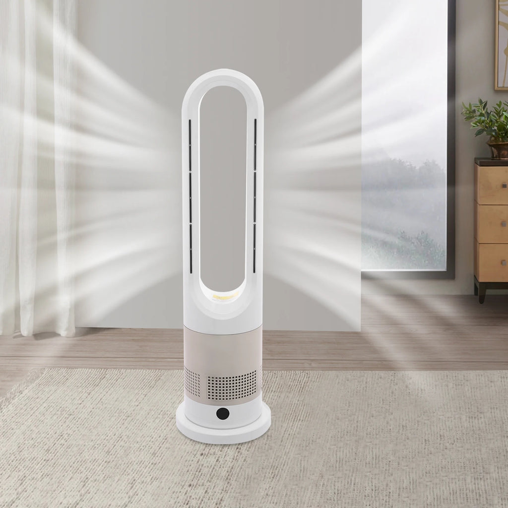 Year-Round Dual Mode Cooling Heating Tower Fan W/Remote 1200W Heater 8 Speeds 9H Timer 80° Oscillation Safe Bladeless