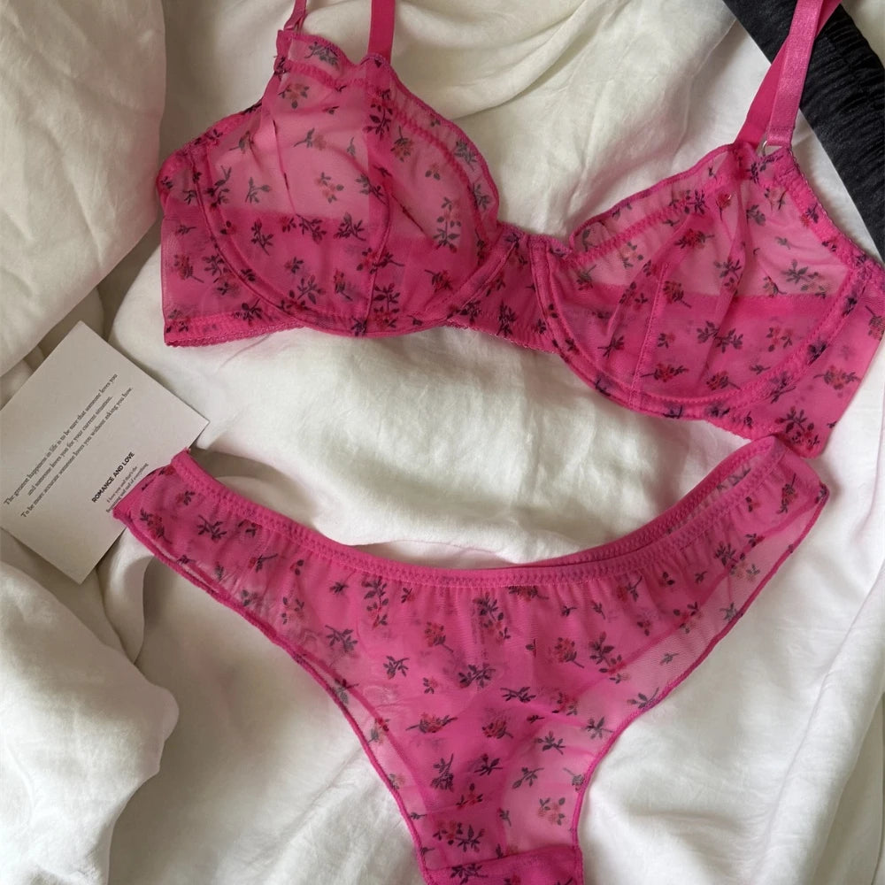 French Ultra Thin Lingerie Set Sexy Lace Floral Prints Bra Fashion Women Underwear Mesh Breathable Intimates Bras and Thong Sets Main image