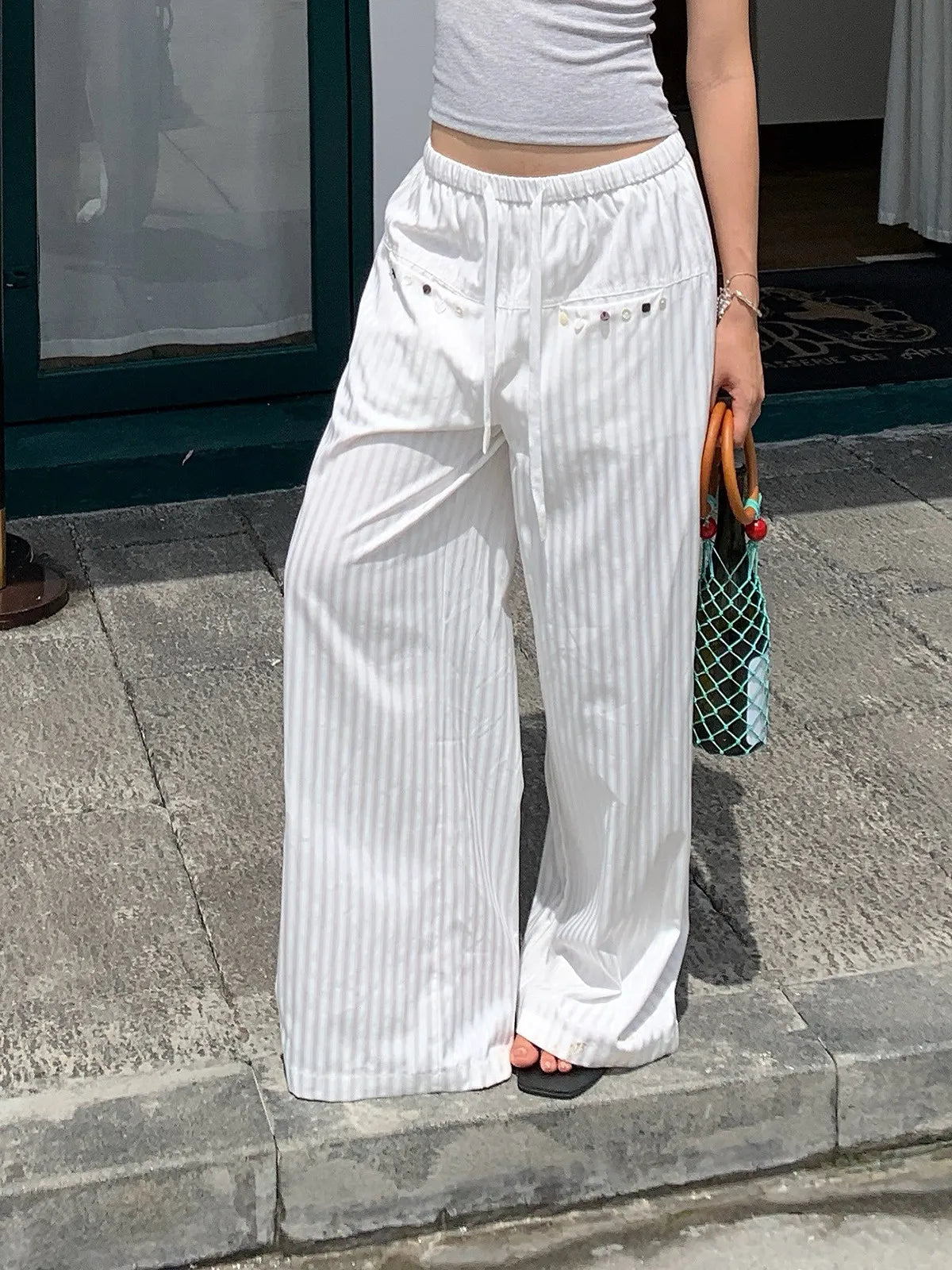 Women White Striped Wide Leg Pants Summer Loose Straight Leg Trousers Slimming Floor-length Casual Long Pants for Daily Wear Image principale du produit