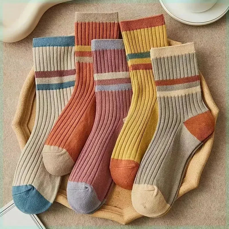 5 Pairs Striped Print Socks for Women Comfy Soft Mid Tube Socks Winter  Harajuku Funny Casual Sock Women's Stockings Hosiery