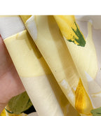 Yellow Floral Printing Chiffon Stand Collar Lantern Sleeve Pullover Women's Blouse Shirt Casual Female Clothing Tops Fashion