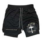 Print 2 in 1 Running Workout Shorts for Men Christian Gym Athletic Performance Shorts with Phone Pocket Towel Loop Activewear
