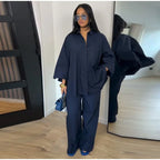 Women Solid Lapel Full Sleeves Pant Suits Chic Single Breasted Wide-leg Long Pants Sets 2026 Lady  Casual Daily Loose Fit Outfit