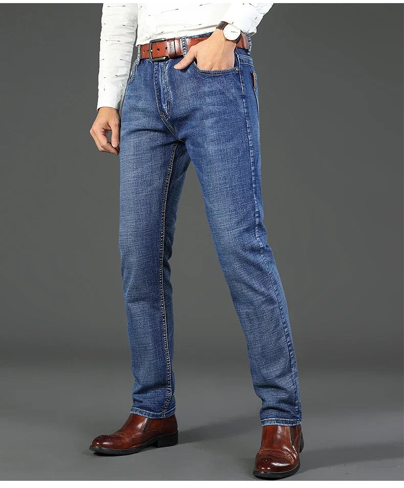 2024  Straight Regular Blue Stretch Denim Trousers Spring Autumn Men Classic Jeans Business Fashion Men's Smart Jeans