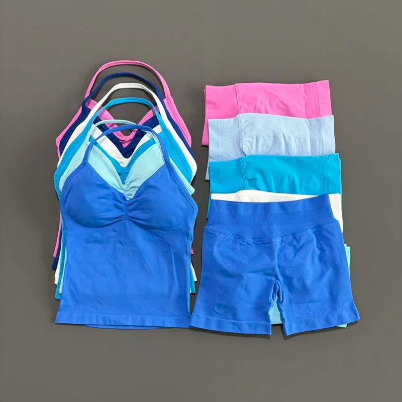 2 Pieces Sports Set Women Backless Halter Tops Fitness Tank Top High Waist Seamless High Stretch Shorts Gym Workout Sets Image principale du produit