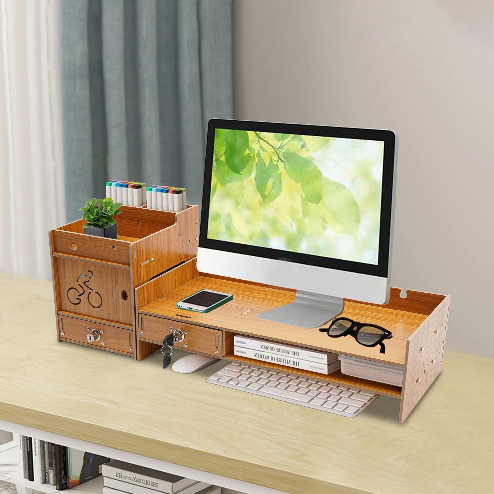 Wood Monitor Stand with Drawer & Side Organizer, 2-Tier Computer Riser with Lockable Storage, Adjustable Height 9cm/10cm for Ergonomic Sitting Posture, Home Office Desk Shelf for Laptop, PC, Phone, Books, Black/Wood Color Image principale du produit