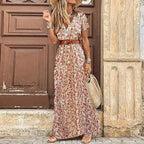 Elegant Floral Pleated H shaped Midi Dress Female V Neck Puff Sleeve Waist Ruched Button Dresses Women Summer Dress Robe