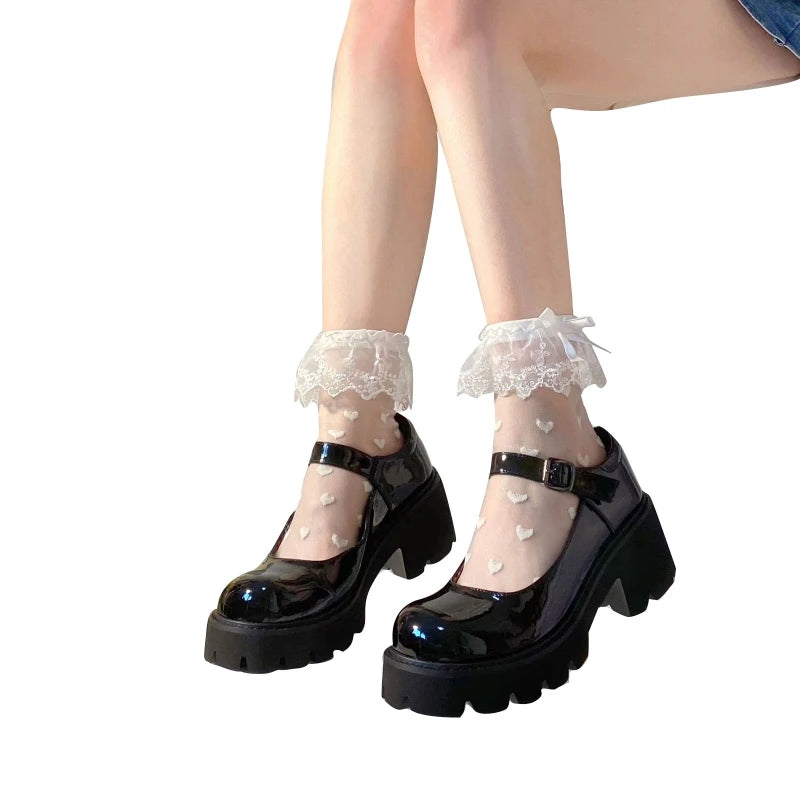 Women Lolita Transparent Mesh Crew Socks Sweet Ruffled Lace Trim Bowknot Cute Love Heart Pattern Anime Princess Hosiery Secondary image