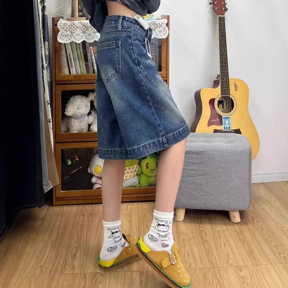 Spicy Girl Retro American Five-Point Denim Shorts Women Summer New Loose Design Slim Straight Leg Wide Leg Medium Pants Main image