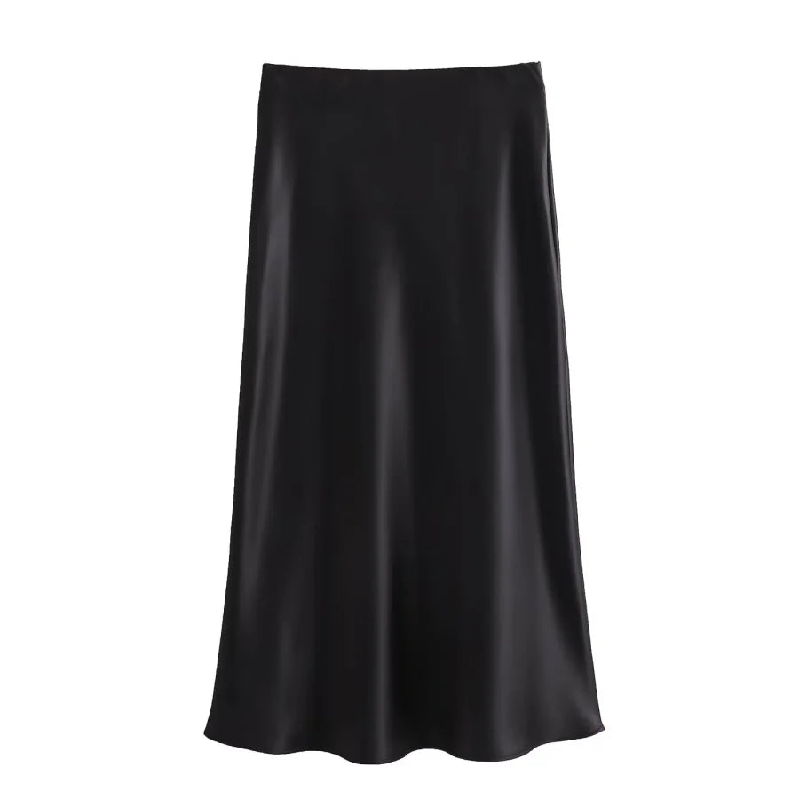 ETJ 2025  Women's spring new elegant fashion all-in-one stretch high-waisted A-line silk satin sag skirt multi-color option