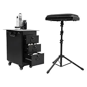 Rolling Makeup Train Case w/Tattoo Armrest Stand,Beauty Trolley Case with 3 Drawers, 4 Universal Wheels, and Combination Lock