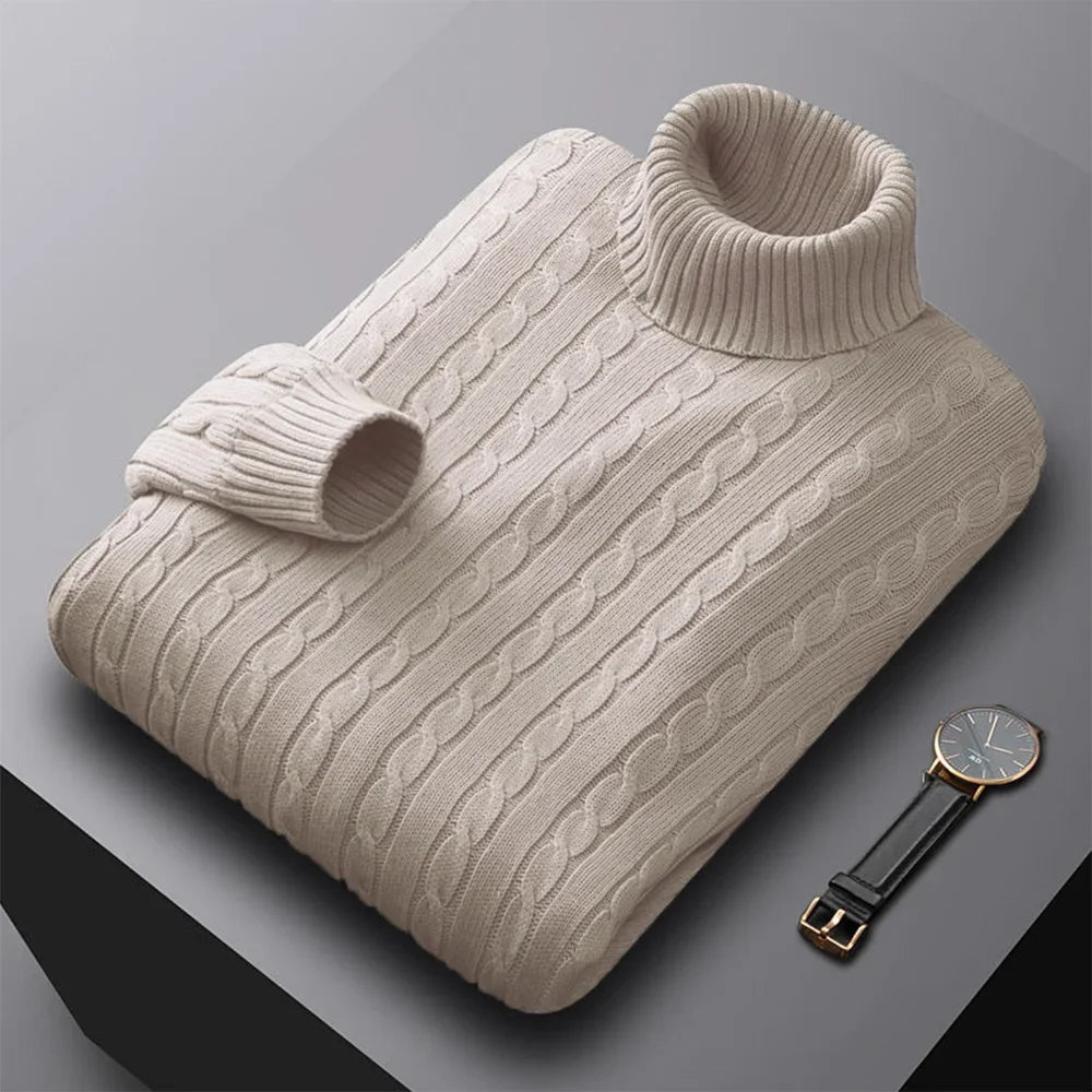 Autumn New Men's Turtleneck Jacquard Sweater Solid Color Knitted Pullover Casual Warmth High Elastic Versatile Male Sweatwear