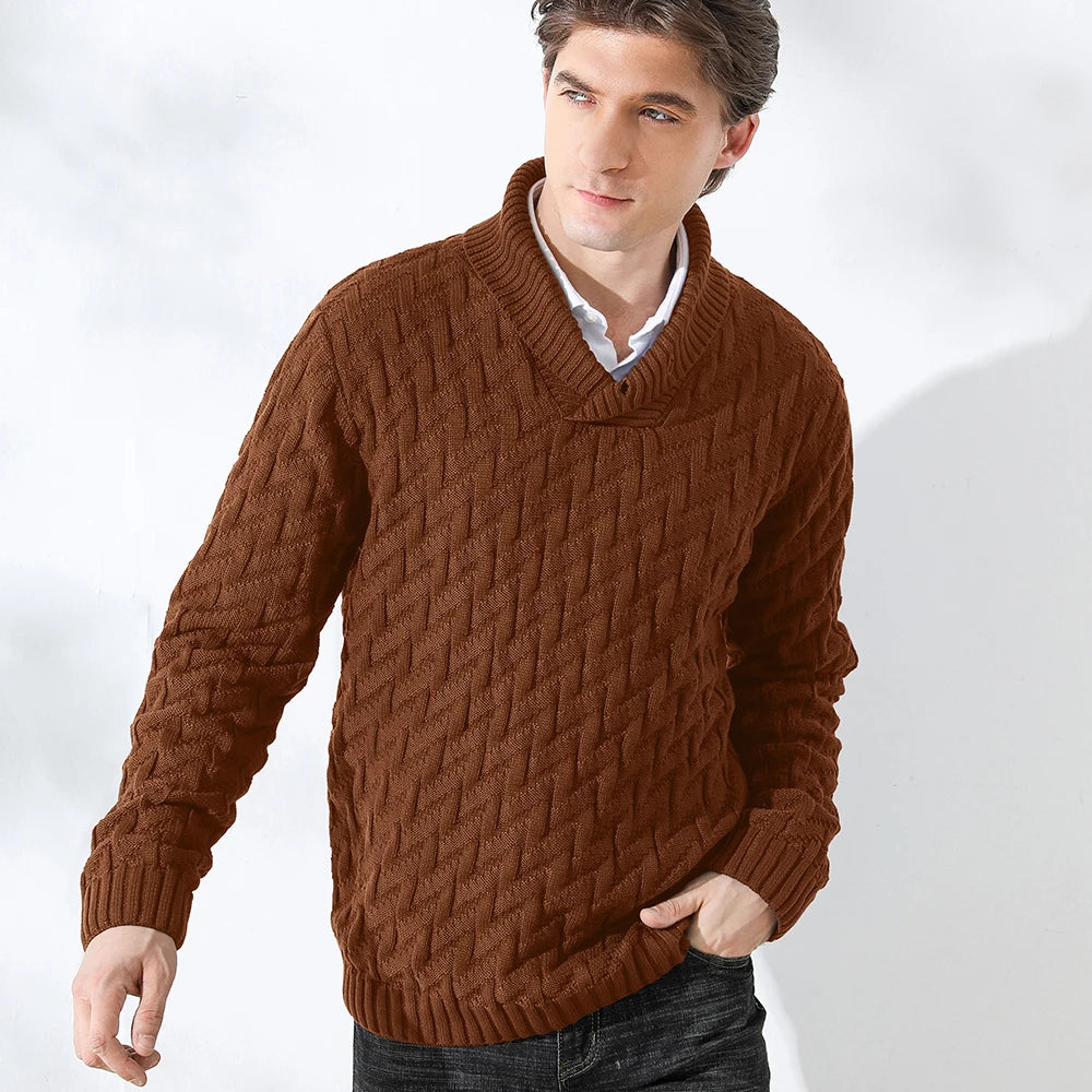 Men's Sweater Spring Shawl Collar Pullover Solid Color Sweater Casual Cable Knit Button-Up Pullover High Quality Tops US Size