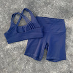 Solid Color High Waist Gym Yoga Short Legging Set Tight Women Cross Back High Impact Shoulder Strap Fitness Bra Top Sportwear