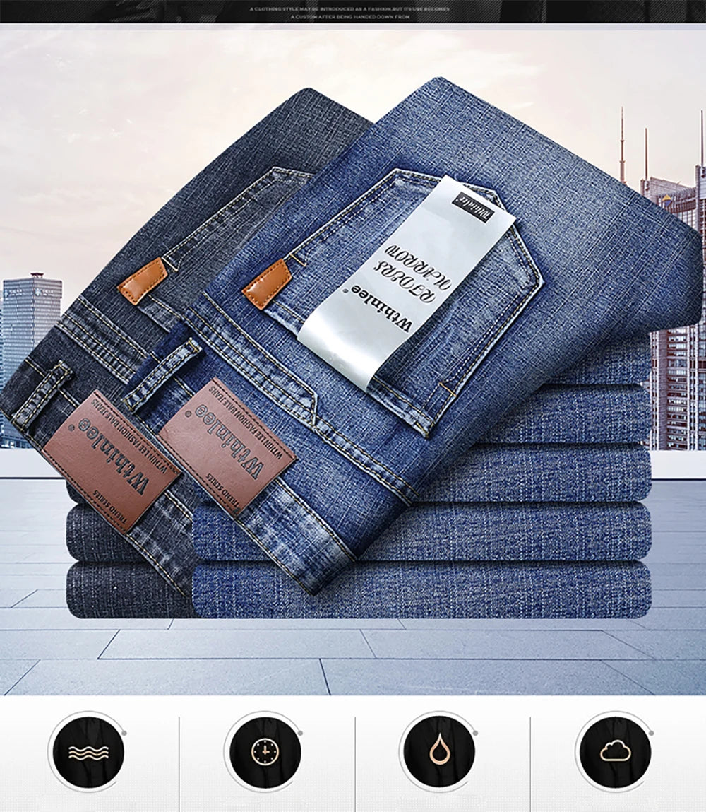 Wthinlee Business Men Jeans Casual Straight Stretch Fashion Classic Blue Black Work Denim Trousers Spring Summer Brand Clothing
