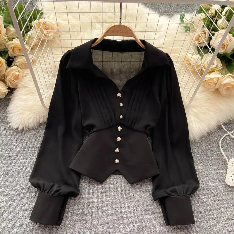 White Casual Polo-Neck Pullover Buttons Puff Sleeve Straight Women's Blouse Short Shirt Female Clothing Tops 2024 Fashion