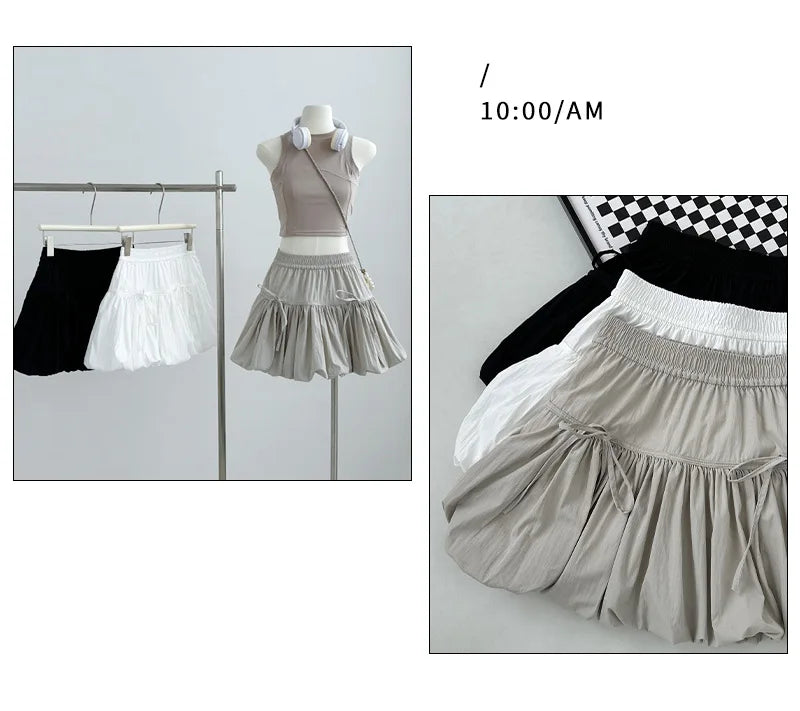 Sweet Bow Pleated Fluffy Skirts for Women Summer Korean Style Elastic Waist Lantern Skirt Woman Loose White A-Line Short Skirts