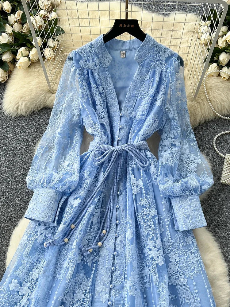 Spring Autumn French High-end Women's Dress New Lace Embroidery V-neck Lantern Sleeves Single Breasted Party Birthday Dress C192 Secondary image