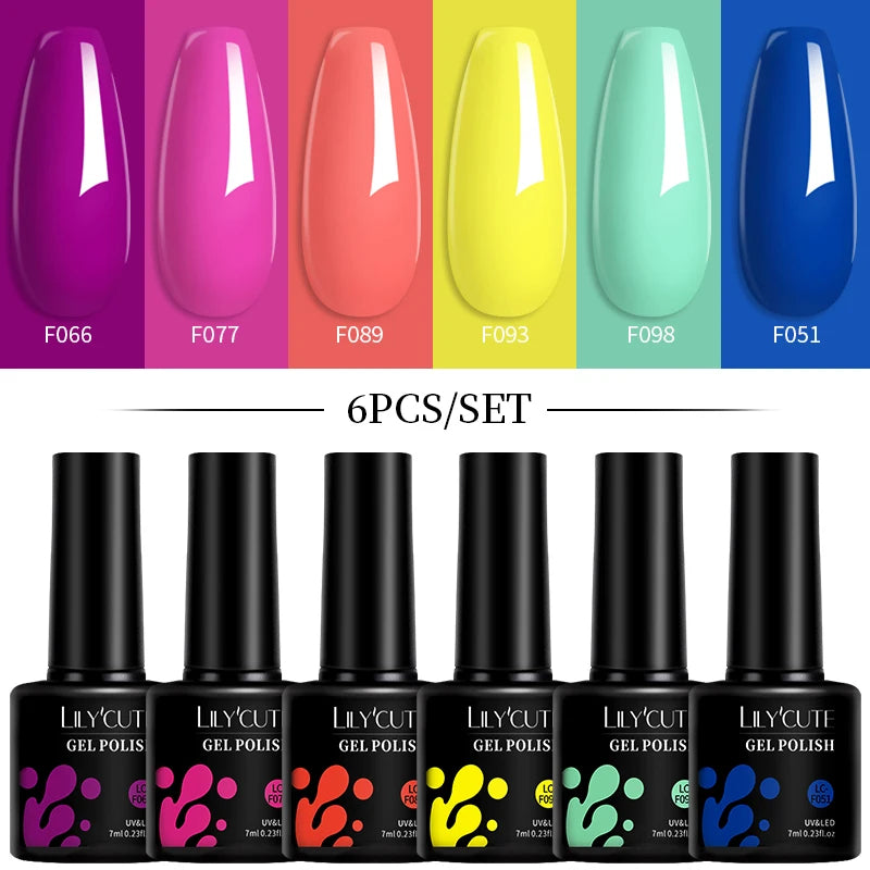 LILYCUTE 7ML 6PCS Neon Gel Nail Polish Set fluorescent Series Color Changing Semi Permanent Soak Off Manicure kit Nail Art Gel