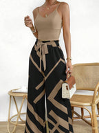 Solid Color Camisole And Printed Sash Wide-Leg Pants Set Women's Casual Comfortable Two-Piece Set with Wide Leg Pants