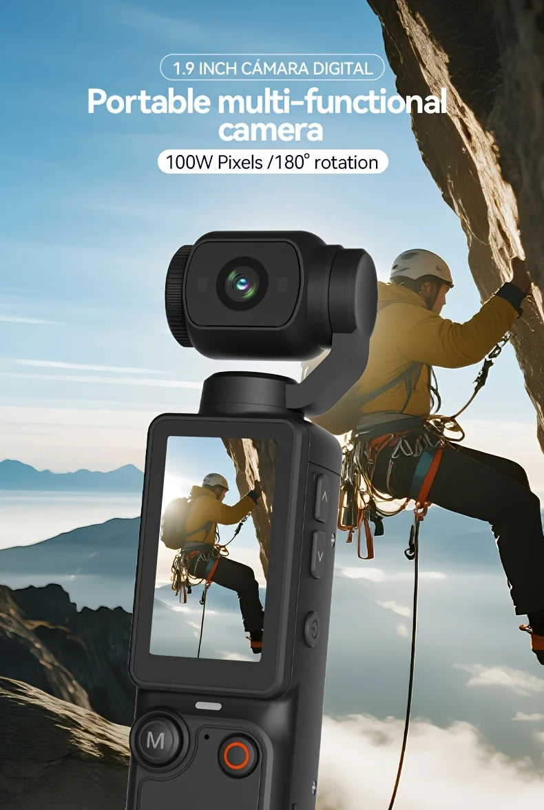 W&O 4K HD Action Camera, 1.9'' CMOS Sensor, 180° Rotatable, USB Rechargeable, Handheld Sports Vlog Camera for Daily Recording